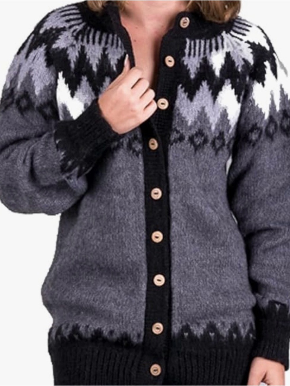 Women's Gray and Black Alpaca Button-Up Sweater Cardigan